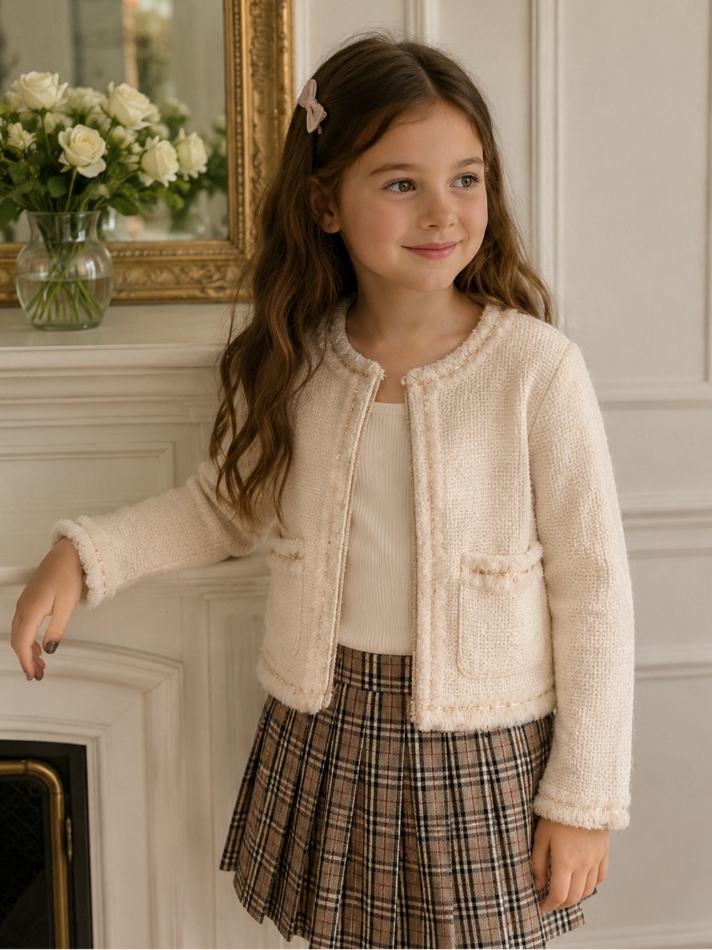 Zara Girls Cream Bouclé Knit Cardigan Jacket 6/7 Chanel Inspired